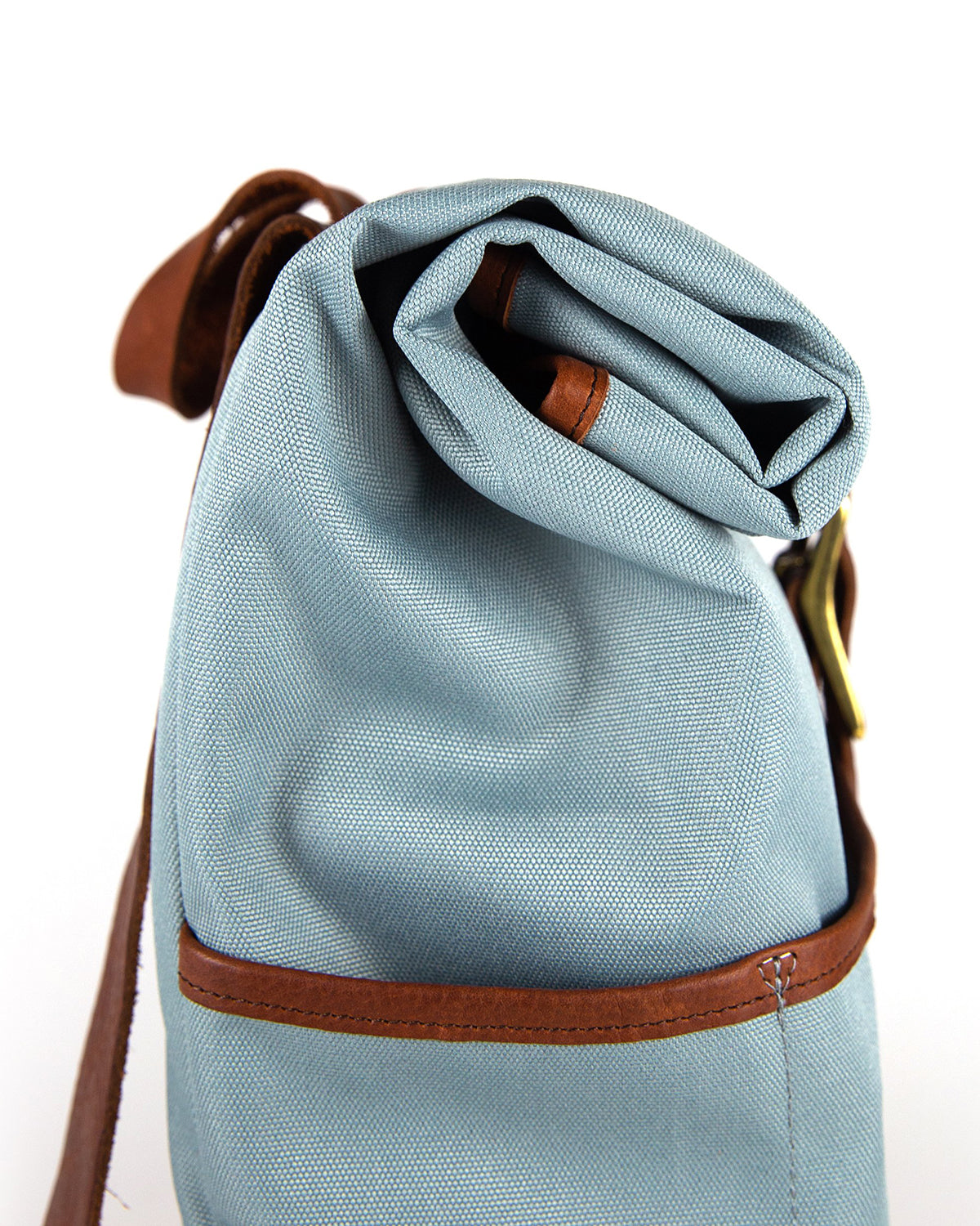 blue and brown leather backpack Daypack in Light Blue with Brown Leather "Fog Edition"